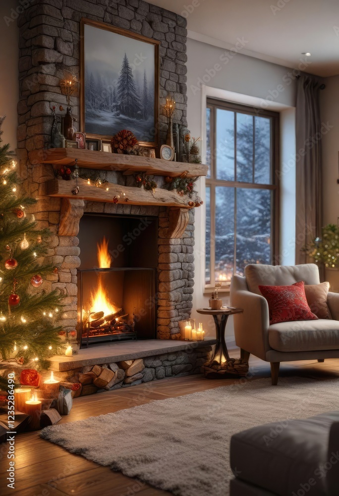 Cozy living room with a crackling fireplace on Christmas Eve, festive atmosphere, warm lighting, crackling flames Cozy living room with a crackling fireplace on Christmas Eve, festive atmosphere, warm lighting, crackling flames