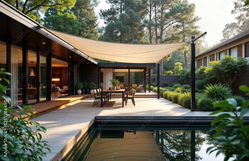 Obraz premium Modern house patio area with wooden deck, swimming pool. Dining table, chairs under stylish sunshade. Rich green plants surrounds patio. Sunlight bathes area in warm glow. Relaxing outdoor space