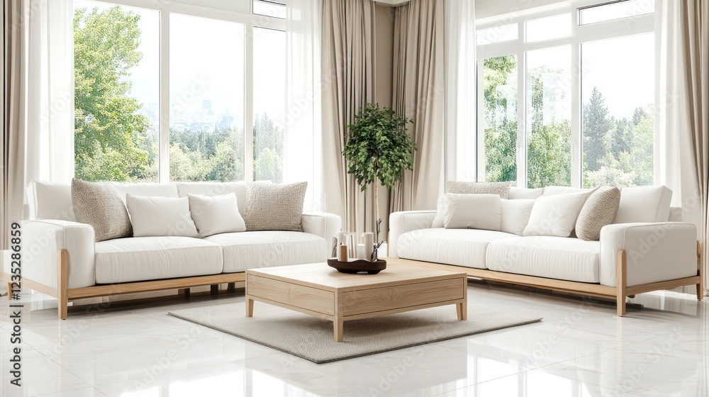 Modern Living Room With White Sofas And Natural Light Modern Living Room With White Sofas And Natural Light