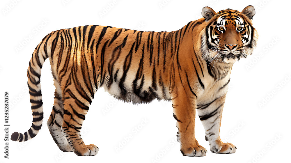 Obraz premium A fierce tiger standing with piercing eyes and detailed stripes, isolated on a white background.