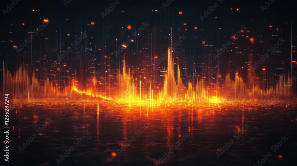 Fiery Digital Cityscape Reflecting in Dark Water Fiery Digital Cityscape Reflecting in Dark Water