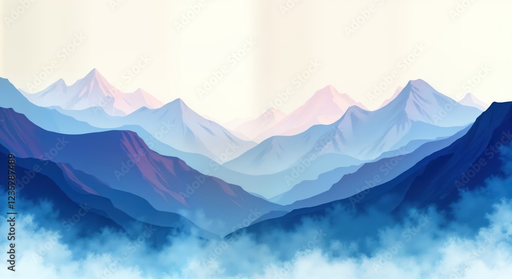 Fototapeta premium Misty mountain landscape with soft blue, purple hues. Layers of mountains fade into sky with misty atmosphere. Gentle colors, soft shades suggest serene, tranquil scene. Artistic style evokes
