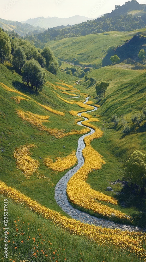 Winding river through lush green valley, yellow wildflowers. Use travel brochure. Winding river through lush green valley, yellow wildflowers. Use travel brochure.