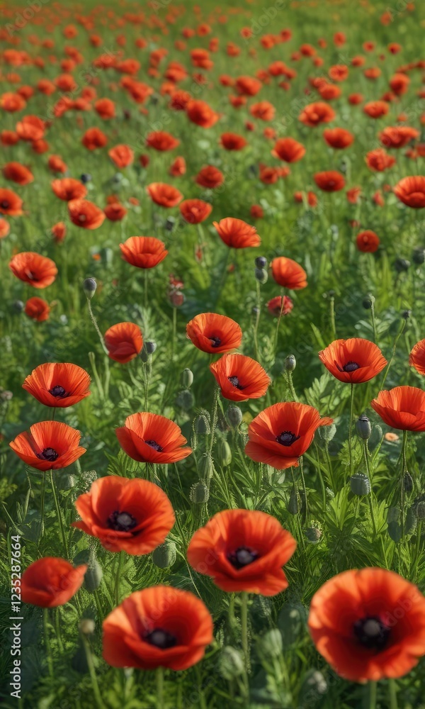Fototapeta premium Crimson poppies bloom in vibrant green meadow, floral, flowers