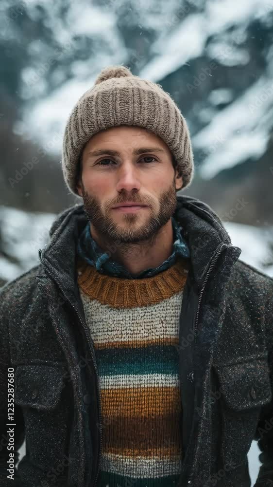 Winter adventure: man exploring snowy mountain landscape in cozy knitwear Winter adventure: man exploring snowy mountain landscape in cozy knitwear