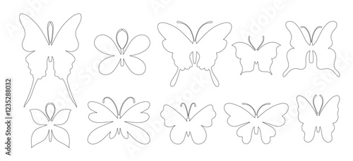 Set of contours, linear sketches of winged insects decorative butterflies. Vector graphics.