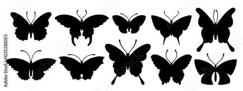 Collection of silhouettes of winged insects butterflies. Vector graphics.