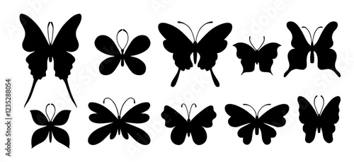 Set of decorative silhouettes, stamps of winged insects butterflies. Vector graphics.