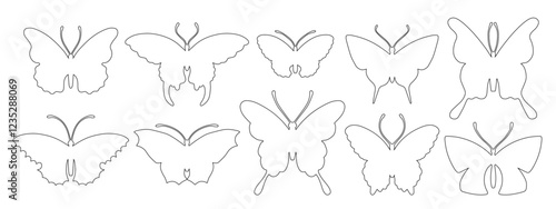 Collection of outlines, line sketches of winged insects butterflies. Vector graphics.