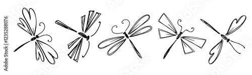 Collection of doodles of winged insects abstract dragonflies. Vector graphics.