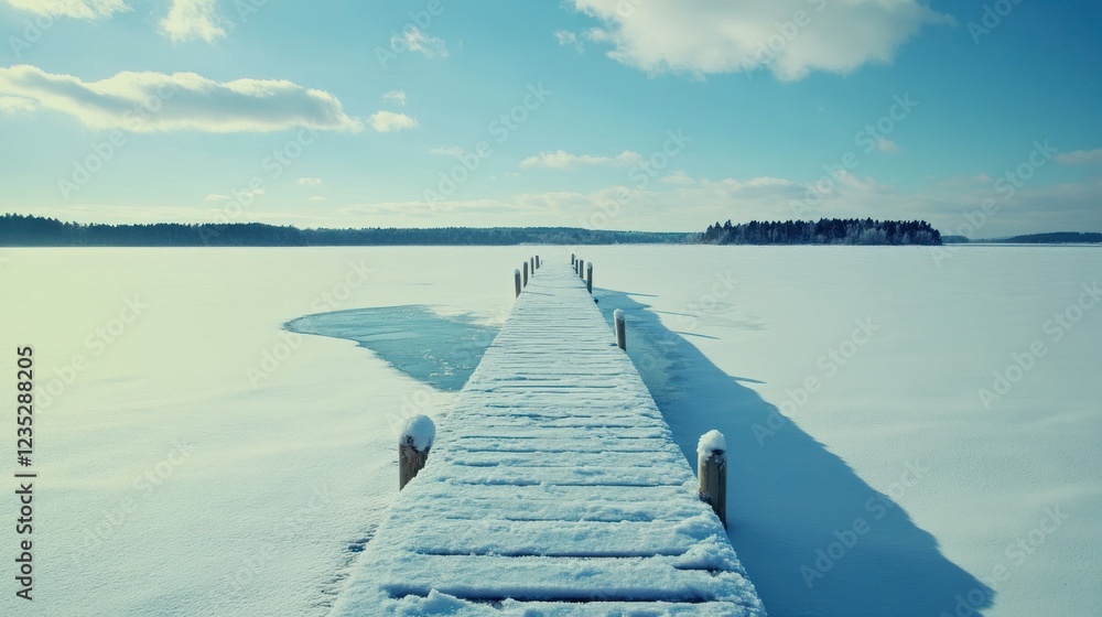 Obraz premium Snow covered wooden dock extends over frozen lake