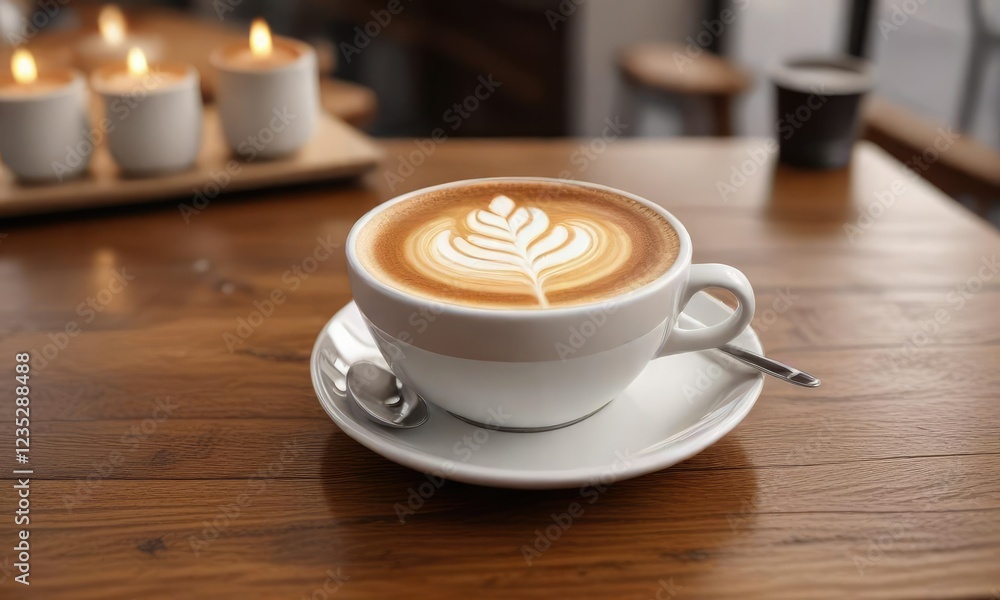 Cup of Piccolo Latte with latte art and wooden table background, with scattered coffee cups, wood grain pattern, latte art, coffee cups Cup of Piccolo Latte with latte art and wooden table background, with scattered coffee cups, wood grain pattern, latte art, coffee cups
