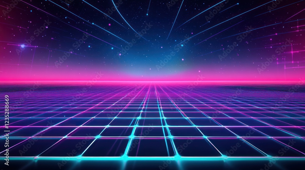 Retro Futuristic Grid Landscape With Neon Lights And Stars Retro Futuristic Grid Landscape With Neon Lights And Stars