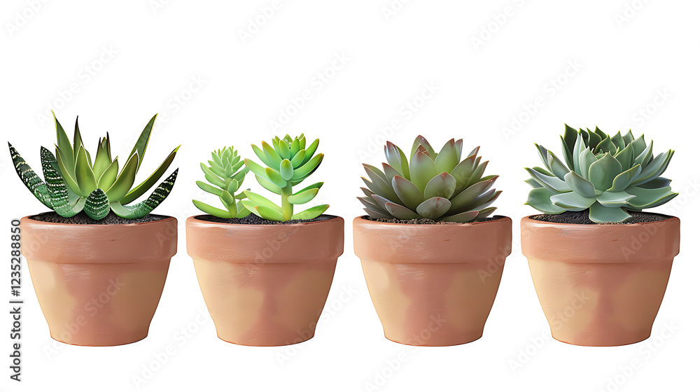 A set of small potted succulents in minimalistic pots, isolated on a white background A set of small potted succulents in minimalistic pots, isolated on a white background