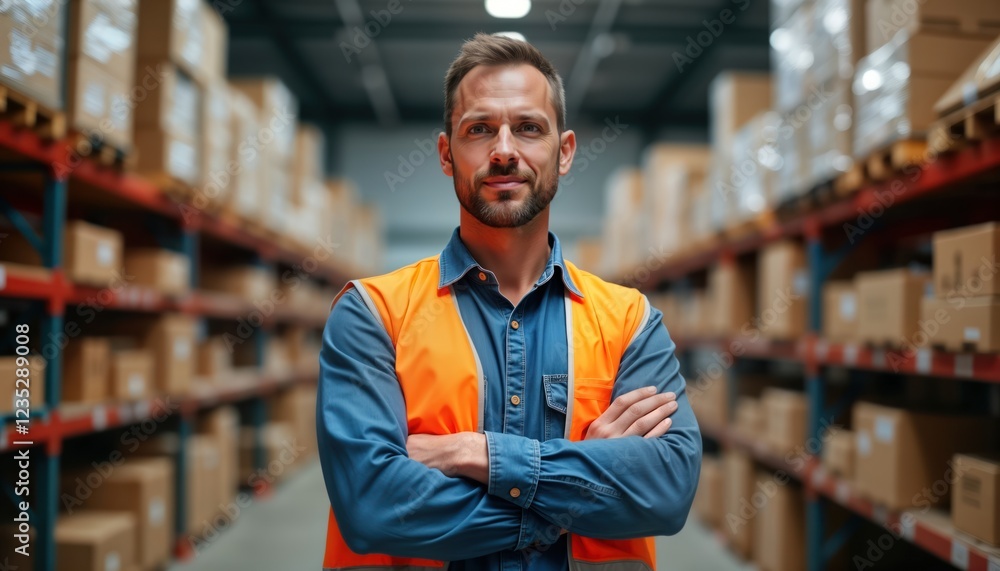 Confident worker stands in warehouse. Arms crossed. Warehouse worker looks directly at camera. Warehouse interior full of storage racks, boxes. Professional look. Positive, businesslike vibe. Focus Confident worker stands in warehouse. Arms crossed. Warehouse worker looks directly at camera. Warehouse interior full of storage racks, boxes. Professional look. Positive, businesslike vibe. Focus