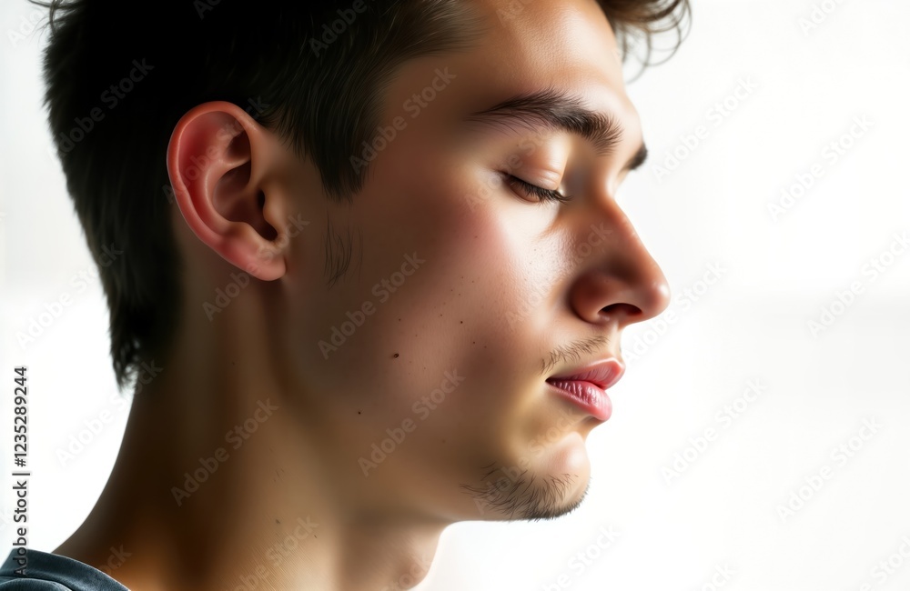 Close-up view of young man with eyes closed. Seems thoughtful, introspective. Possible contemplation meditation. Studio shot against plain background. Looks serene, peaceful. Youthful, masculine. Close-up view of young man with eyes closed. Seems thoughtful, introspective. Possible contemplation meditation. Studio shot against plain background. Looks serene, peaceful. Youthful, masculine.