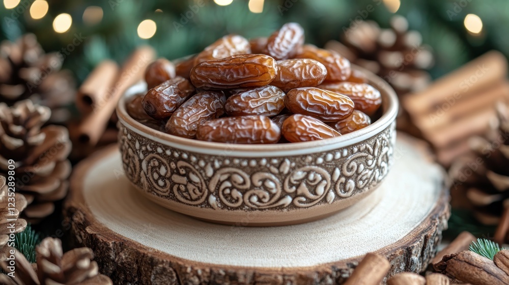 Festive dates bowl, winter setting, holiday food Festive dates bowl, winter setting, holiday food