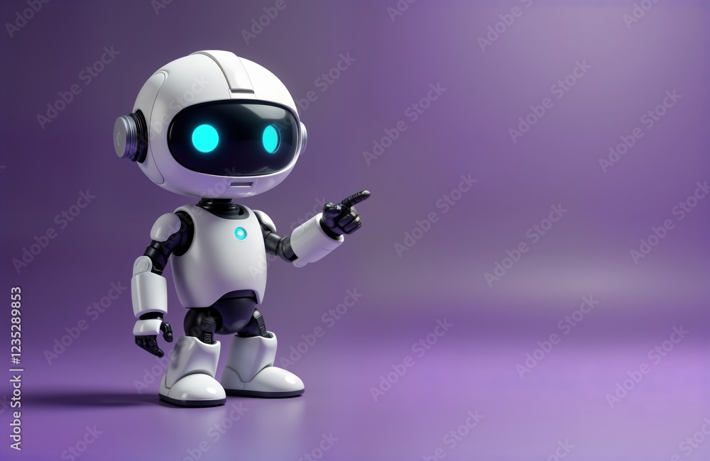 Cute robot points to empty space. Friendly, welcoming mascot. Modern design. Suitable for tech future concepts. Isolated on purple background. Ideal for greeting cards, invitations, websites related Cute robot points to empty space. Friendly, welcoming mascot. Modern design. Suitable for tech future concepts. Isolated on purple background. Ideal for greeting cards, invitations, websites related