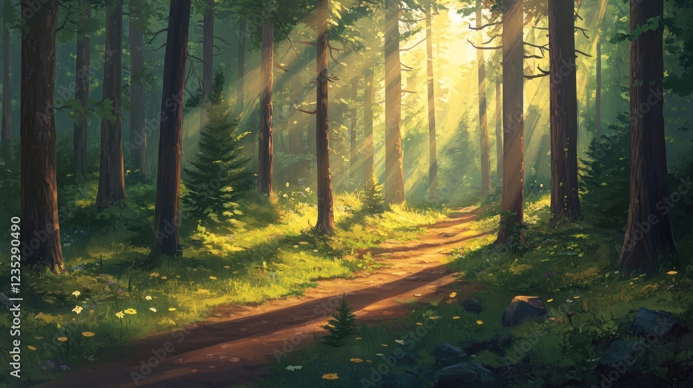 Obraz premium Sunlit Forest Path Winding Through Tall Trees