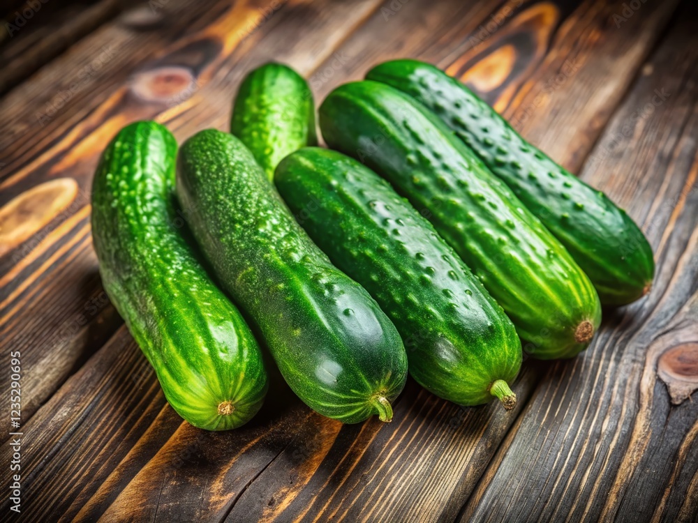 Freshly Harvested Ripe Cucumbers on Rustic Wooden Background - Vibrant Green Vegetables Freshly Harvested Ripe Cucumbers on Rustic Wooden Background - Vibrant Green Vegetables