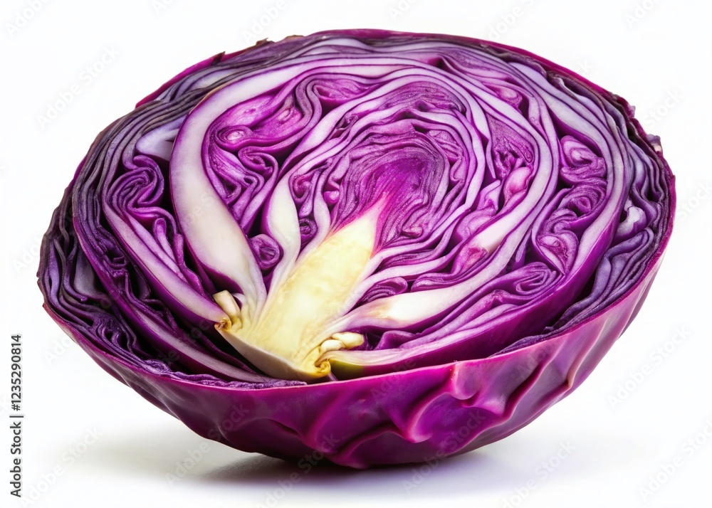 Obraz premium Fresh Purple Cabbage Half Sliced Isolated on White Background - Vibrant Vegetable Stock Photo