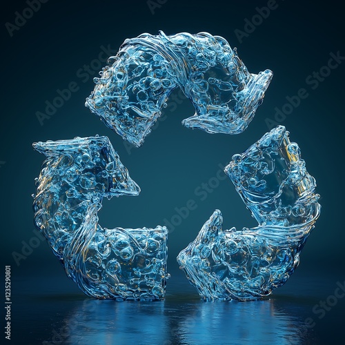 Hyper-Realistic Blue Recycling Emblem: Smoke-Like Fluid Design on White Canvas、超リアルな青のリサイクルエンブレム:白いキャンバスに浮かぶ煙のような流体デザイン.Generative AI photo