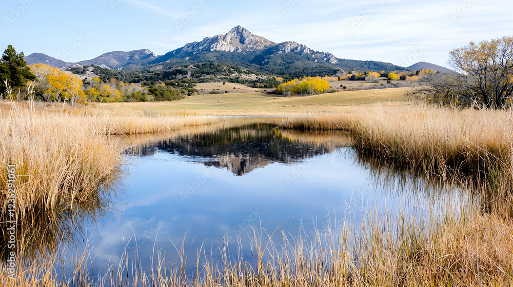 Mountain reflection in autumnal pond, tranquil valley landscape, nature photography, scenic postcard Mountain reflection in autumnal pond, tranquil valley landscape, nature photography, scenic postcard