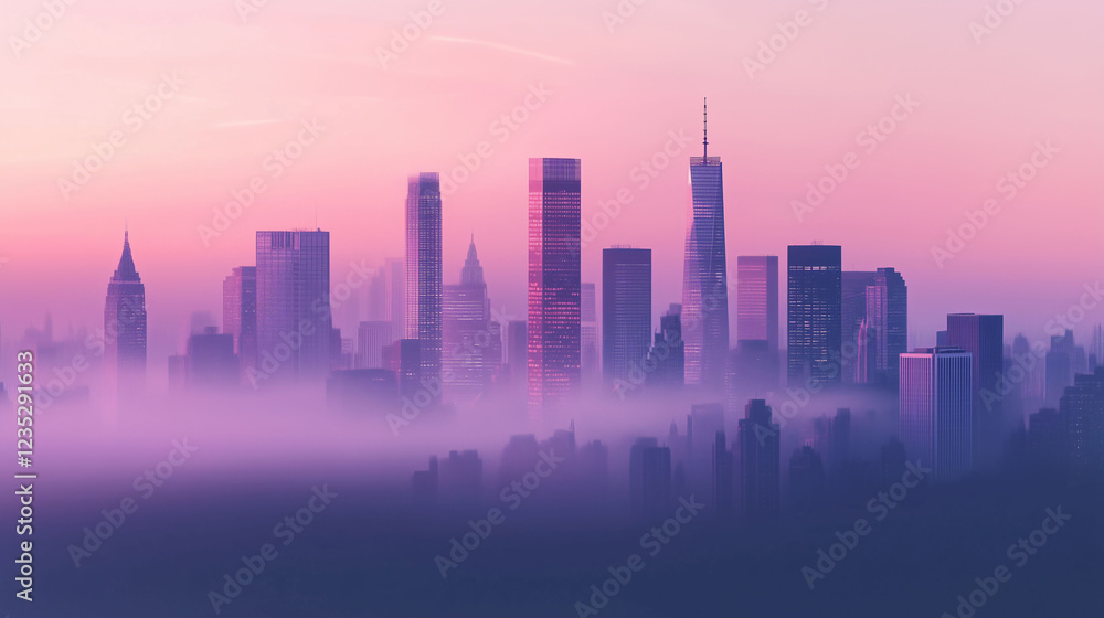 Fototapeta premium Early Morning City Skyline Revealing Skyscrapers and Mist With a Soft Purple Hue. Generative AI