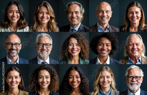 Group portrait diversity, ethnicity. Ten people between ages 35, 70 displayed in grid format. Subjects display positive expressions, smiling faces. Dark background provides neutral backdrop. Pro photo