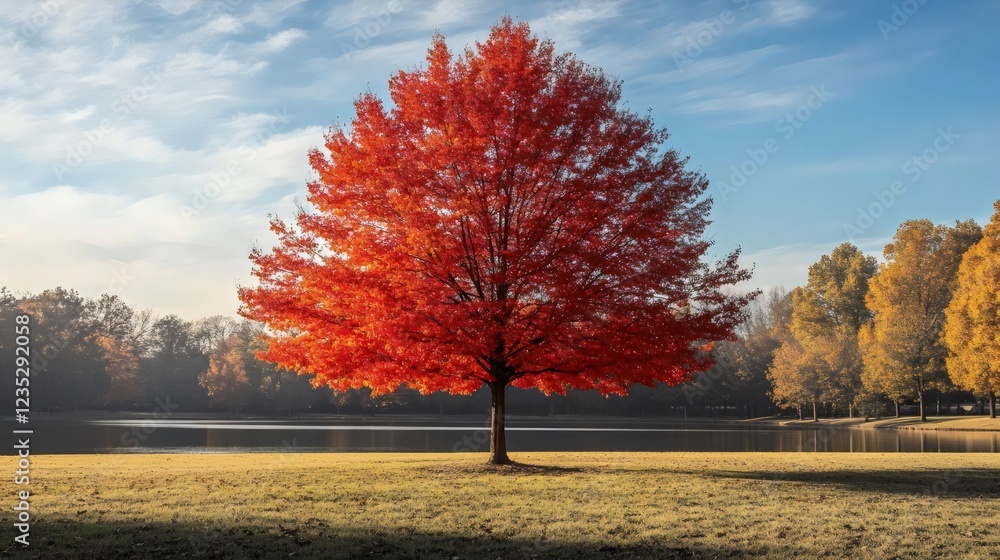 Fototapeta premium A large red tree stands in a grassy field with a lake in the background