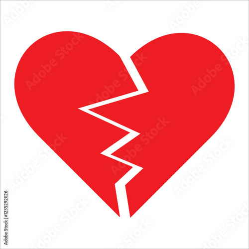 Red Heart broken to two pieces vector illustration icon or logo, broken heart concept, breakup or divorce, heartbreak regret, separated couple, tragic love. Broken Red Heart Emoji.