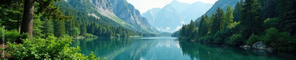 Fototapeta premium Dense forest with towering trees surrounding tranquil lago di Braies lake, tranquility, trees, forests