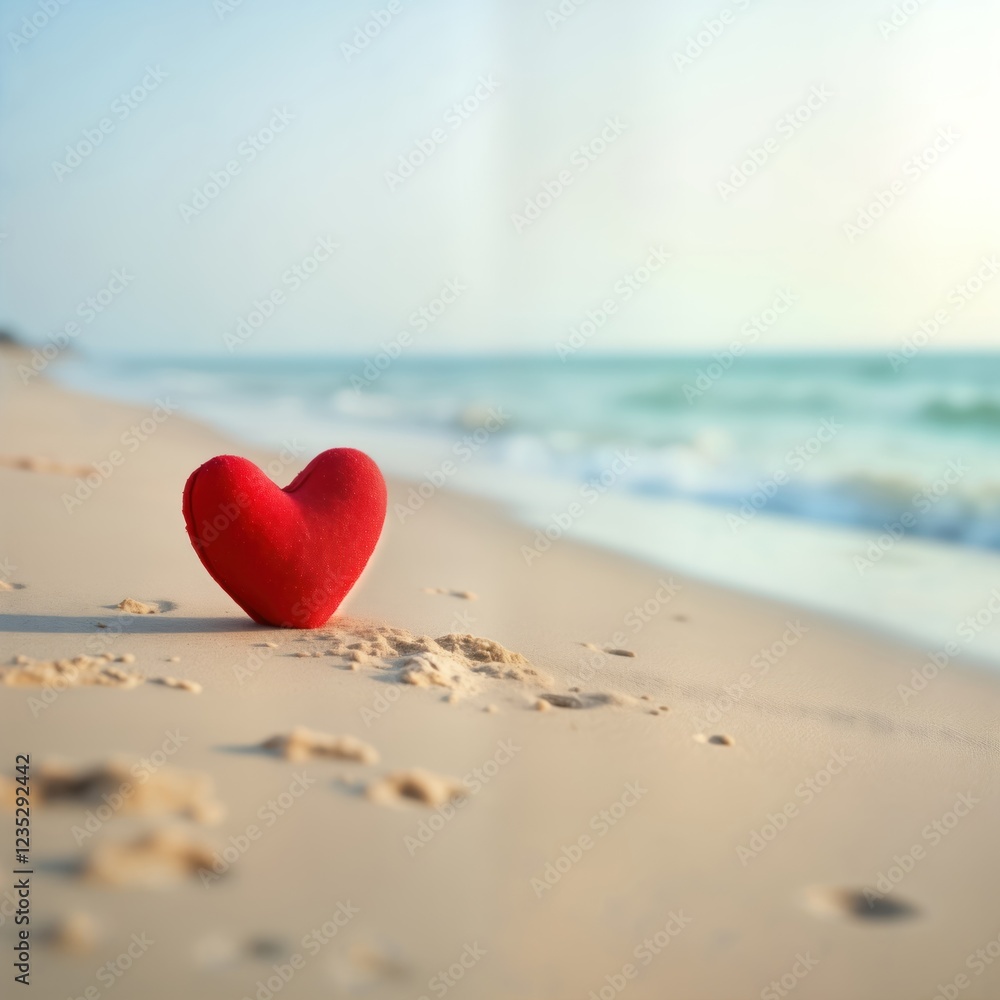 Romantic red heart shape object lies on sandy beach. Calm ocean water in background. Tranquil scene evokes feelings of love, romance. Natural beach landscape perfect for honeymoon couple. Sunny day, Romantic red heart shape object lies on sandy beach. Calm ocean water in background. Tranquil scene evokes feelings of love, romance. Natural beach landscape perfect for honeymoon couple. Sunny day,