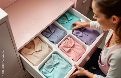 Happy young mother tidies up childs wardrobe. Neatly folded pastel colored clothes in pink cupboard. Organized, minimalist storage. Home organization project. Motherhood, child care. Spring cleaning. photo