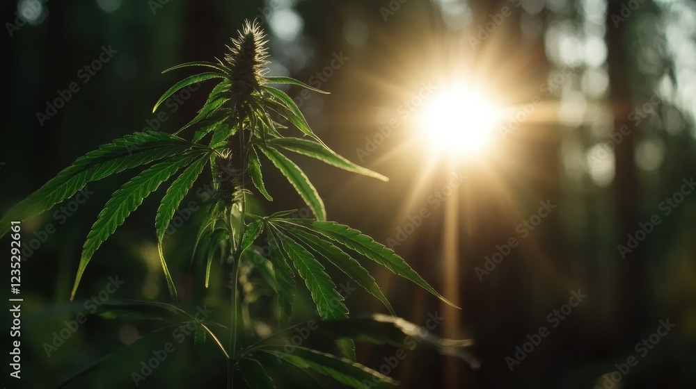 Naklejka premium Sunlit cannabis plants growing in a forest, illuminated by warm golden sunlight. Free copy space