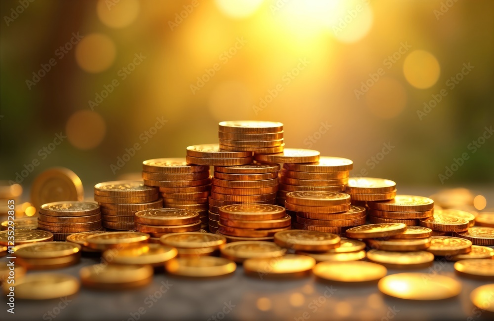 Golden coins stacked in piles. Wealthy concept image. Abundance of money. Financial success. Investment opportunity. Economy growth. Money management. Business prosperity. Golden coins stacked in piles. Wealthy concept image. Abundance of money. Financial success. Investment opportunity. Economy growth. Money management. Business prosperity.