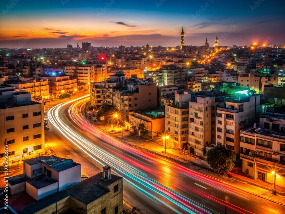 Gaza Strip Night Lights Long Exposure Photography - Cityscape Panorama Gaza Strip Night Lights Long Exposure Photography - Cityscape Panorama