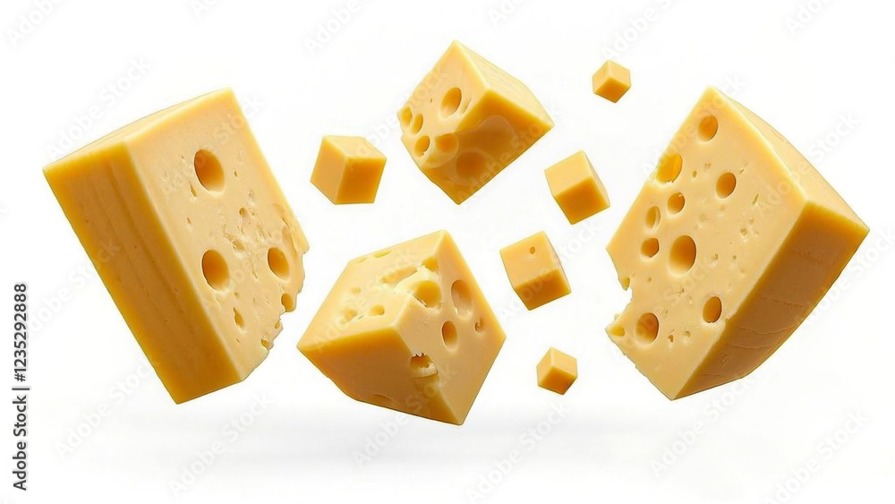 bunch of falling cubic pieces of delicious cheese, isolated on white background bunch of falling cubic pieces of delicious cheese, isolated on white background