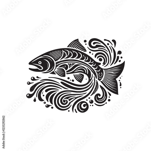 Black Color Salmon silhouette design Vector Illustration, Solid White Background (3).eps