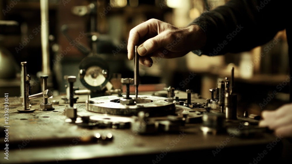A Craftsman Carefully Aligns a Precision Machine Bolt A Craftsman Carefully Aligns a Precision Machine Bolt
