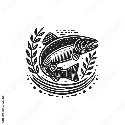 Black Color Salmon silhouette design Vector Illustration, Solid White Background (7).eps