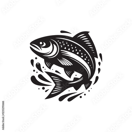 Black Color Salmon silhouette design Vector Illustration, Solid White Background (10).eps