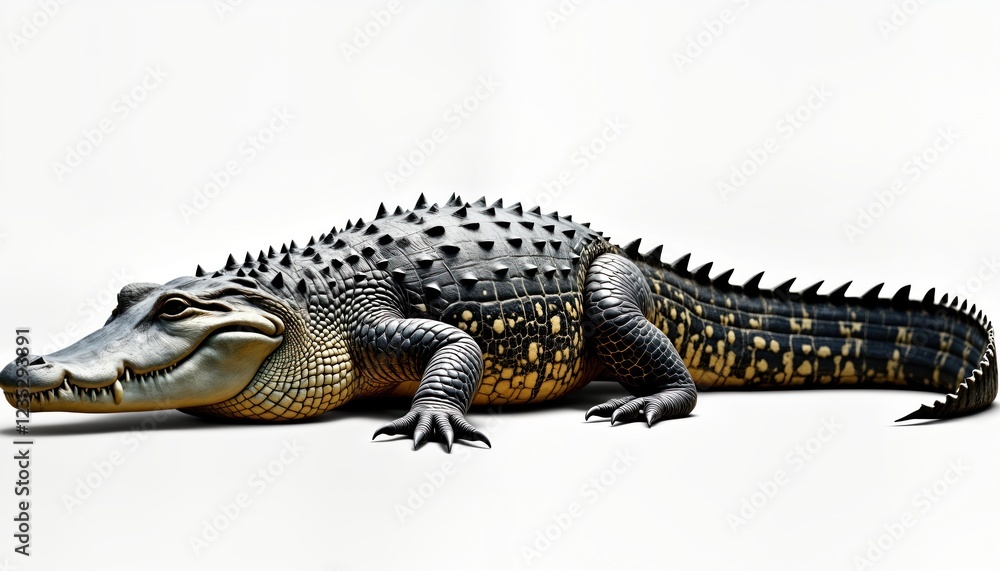 Naklejka premium American alligator full body illustration. Wildlife themed. Photorealistic. Isolated white background. Reptile details visible. Expertly rendered. Suitable for zoology, nature, wildlife, eco-tourism