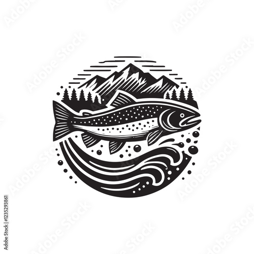 Black Color Salmon silhouette design Vector Illustration, Solid White Background (12).eps