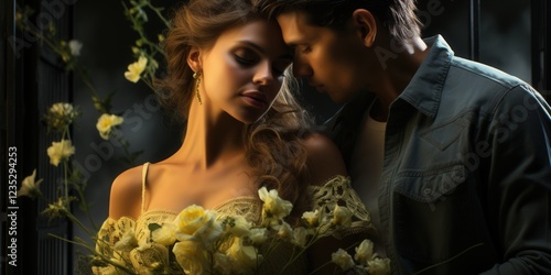 Couple's romantic embrace, yellow flowers, dark background, love.