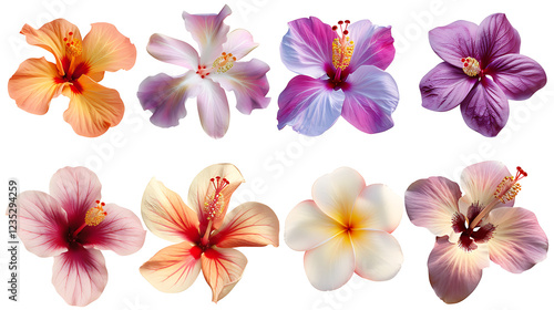 Fototapeta Naklejka Na Ścianę i Meble -  A set of tropical flowers, including hibiscus, orchids, and frangipani, isolated on a white background