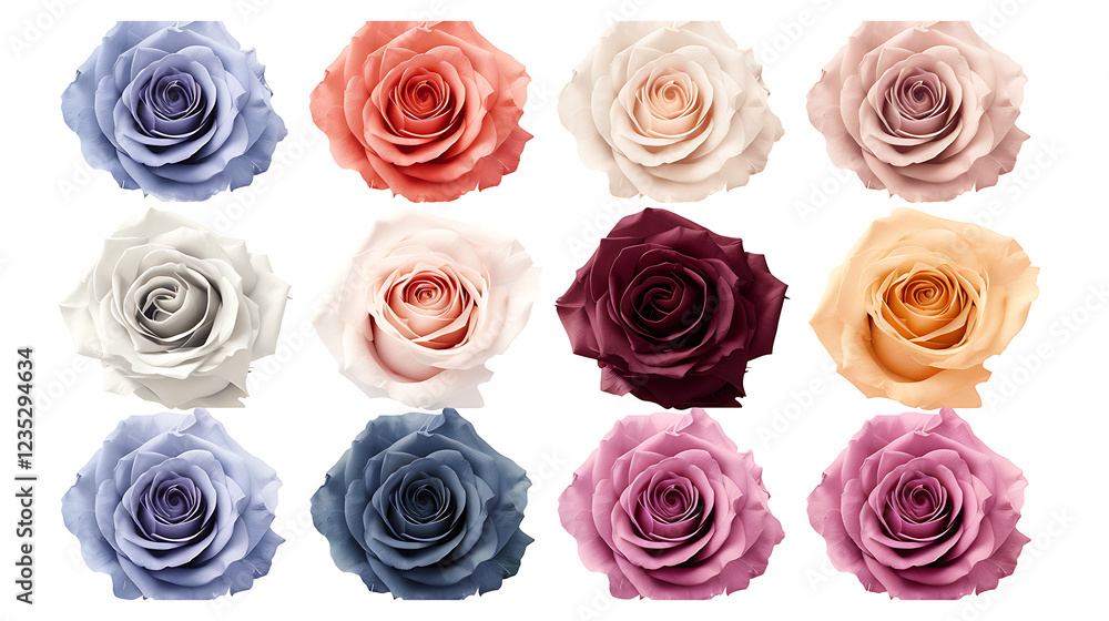 A set of tropical flowers, including hibiscus, orchids, and frangipani, isolated on a white background A set of tropical flowers, including hibiscus, orchids, and frangipani, isolated on a white background