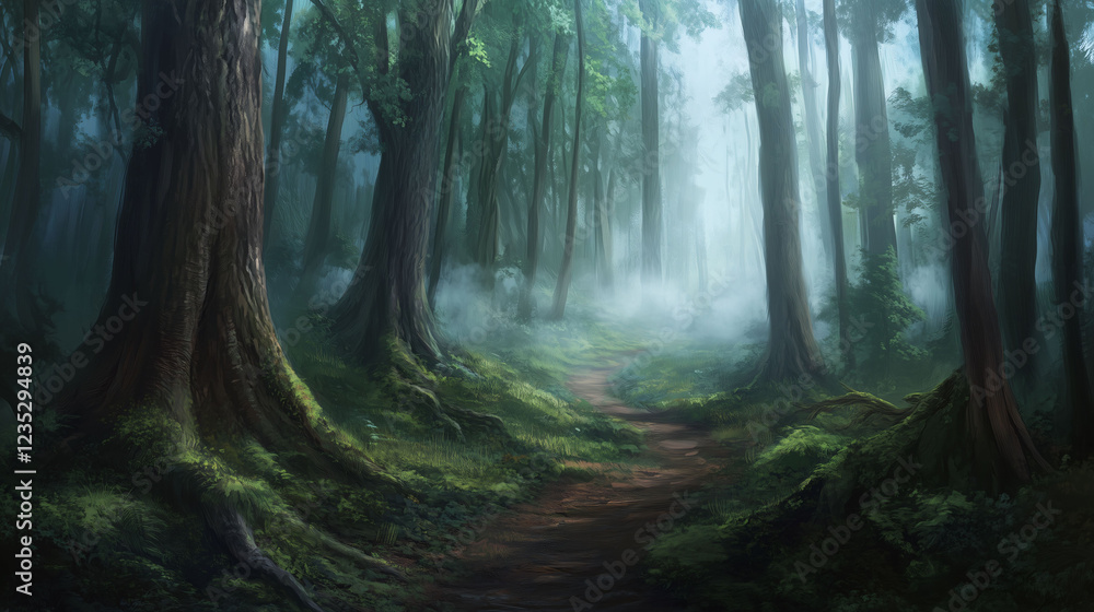 Winding Forest Pathway Through Towering Trees in a Misty Landscape. Generative AI Winding Forest Pathway Through Towering Trees in a Misty Landscape. Generative AI