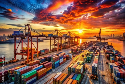 Wallpaper Mural Golden Hour Sunset over Busy Container Terminal Port - Industrial Landscape Photography Torontodigital.ca