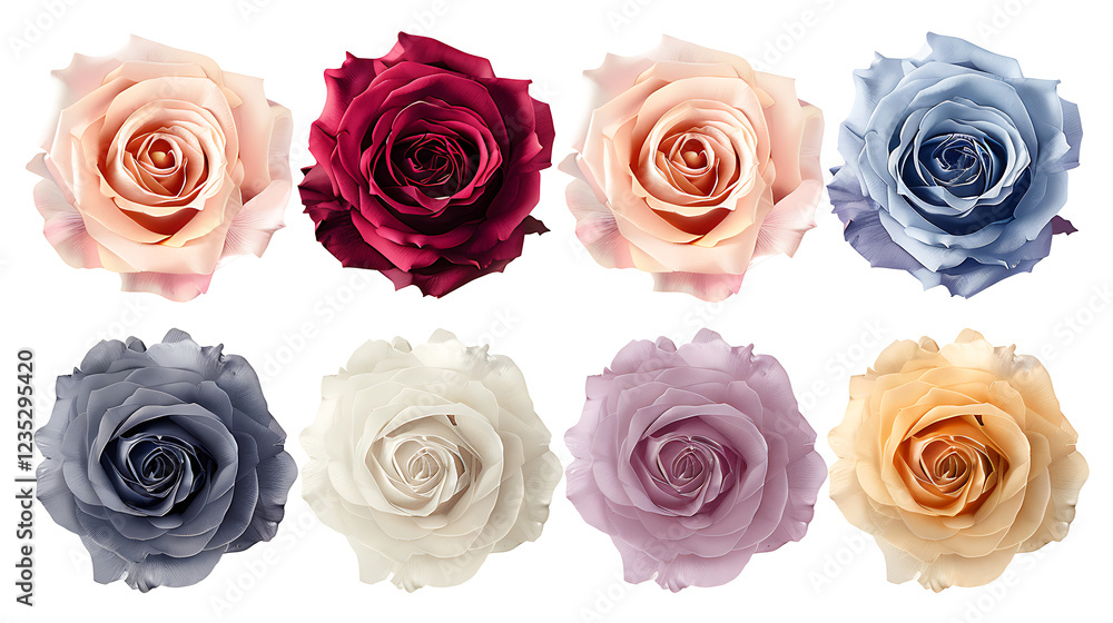 A set of tropical flowers, including hibiscus, orchids, and frangipani, isolated on a white background A set of tropical flowers, including hibiscus, orchids, and frangipani, isolated on a white background